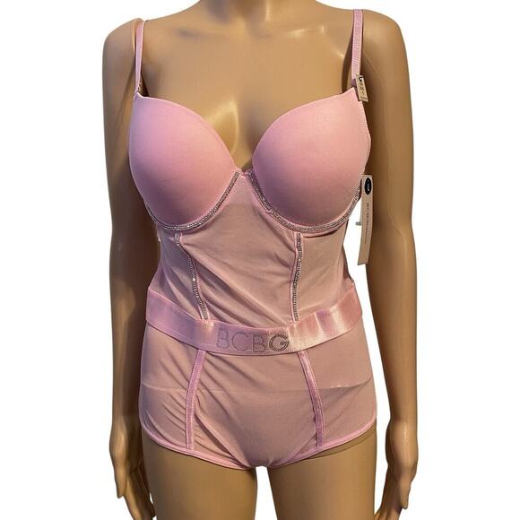 New BCBGenertion Pink Mesh Luxe Bling Pushup Bodysuit Top SzL Sexy Love Romantic - Picture 1 of 11
